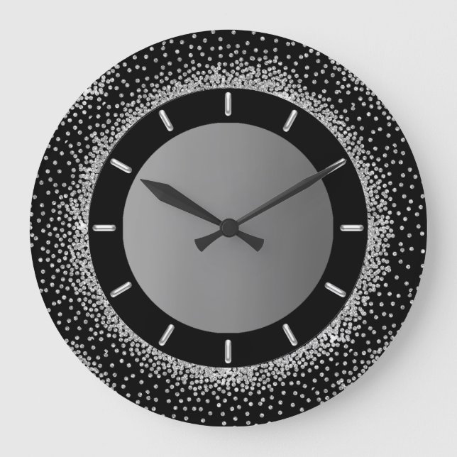 Grey Glitter Silver Grey Black Metallic Crystals Large Clock (Front)