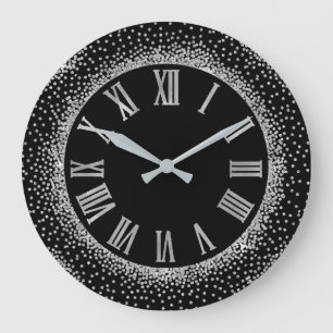 Grey Glitter Silver Roman Number Elegant Black Large Clock