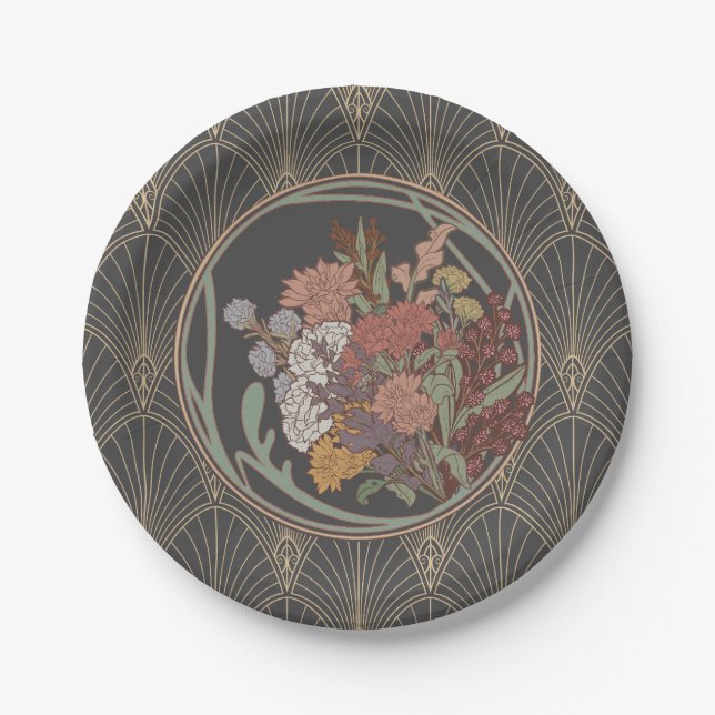 Grey & Gold Art Deco Fan Paper Plate (Front)