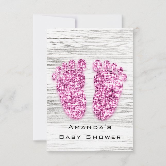Grey Gold Baby Shower Feet Wood Rustic Girl Pink Invitation (Back)