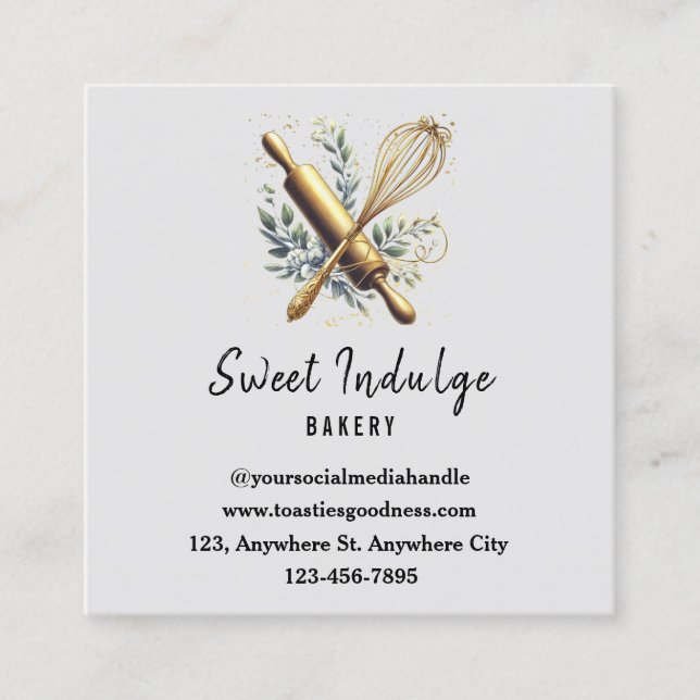Grey Gold Baking Utensil Square Bakery Business Card (Front)