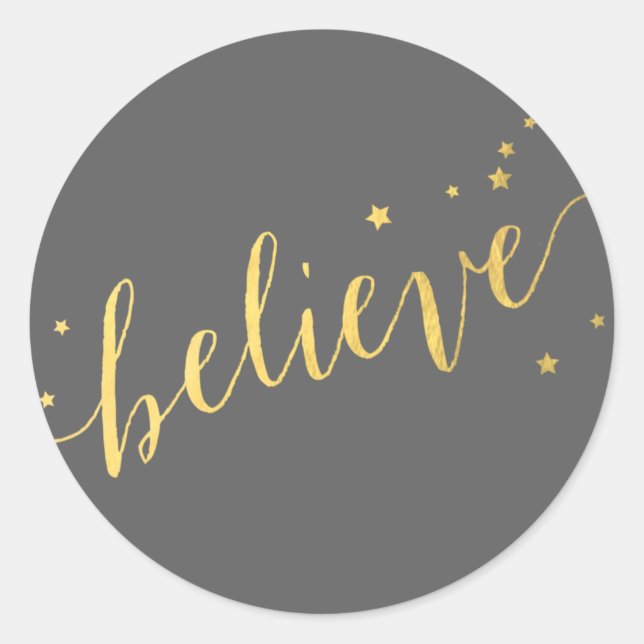 Grey Gold Believe Script | Holiday Classic Round Sticker (Front)
