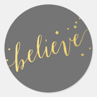 Grey Gold Believe Script | Holiday Classic Round Sticker