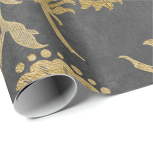 Grey Gold Big Flowers Cottage Damask Graphite Wrapping Paper