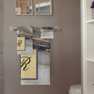 Grey Gold Black Marble Pretty Elegant Monogram Bath Towel Set