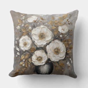 Grey Gold Black White Floral Bouquet Cushion