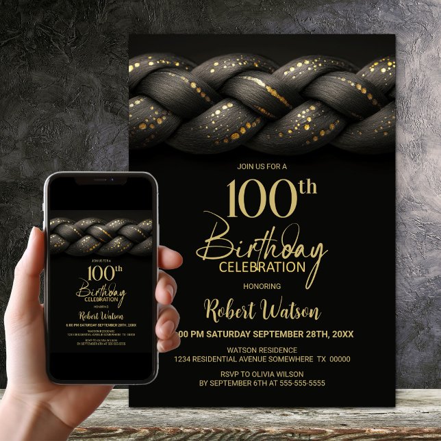 Grey Gold Braid 100th Birthday Party Invitation (Creator Uploaded)