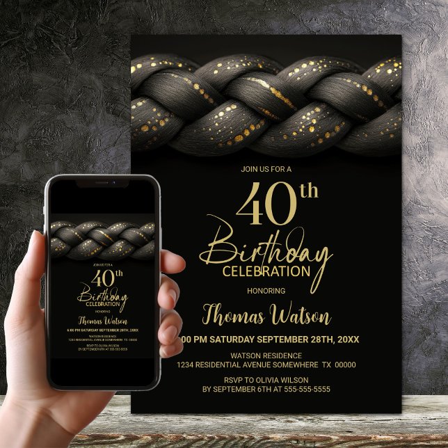 Grey Gold Braid 40th Birthday Party Invitation (Creator Uploaded)