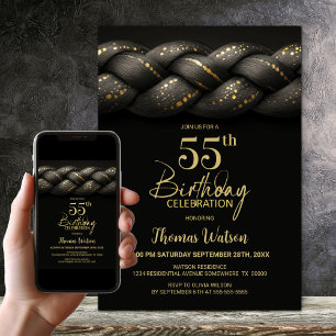 Grey Gold Braid 55th Birthday Party Invitation