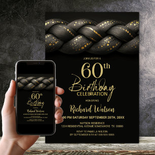 Grey Gold Braid 60th Birthday Party Invitation