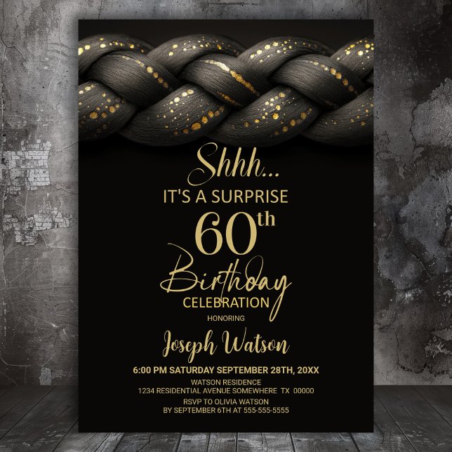 Grey Gold Braid Surprise 60th Birthday Party Invitation (Creator Uploaded)