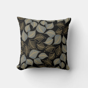 Grey gold broad leaves pattern on black cushion