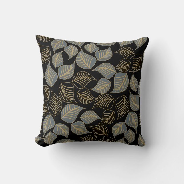 Grey gold broad leaves pattern on black cushion (Front)