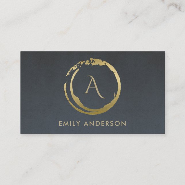 GREY GOLD BRUSH STROKE STAIN CIRCLE LOGO MONOGRAM BUSINESS CARD (Front)