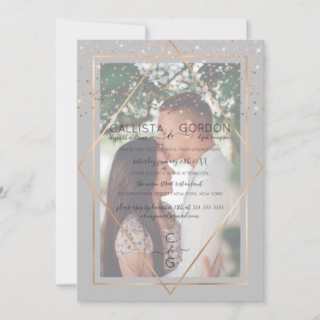 Grey Gold Confetti Border Photo Engagement Invitation (Front)