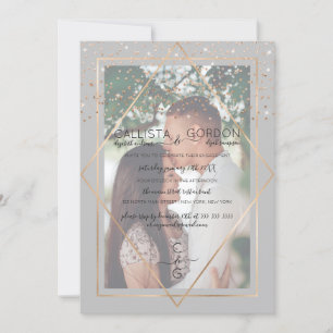 Grey Gold Confetti Border Photo Engagement Invitation