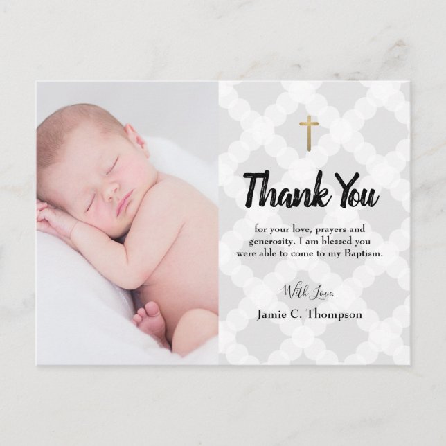 Grey Gold Cross Thank You Baby Boy Photo Baptism Postcard (Front)