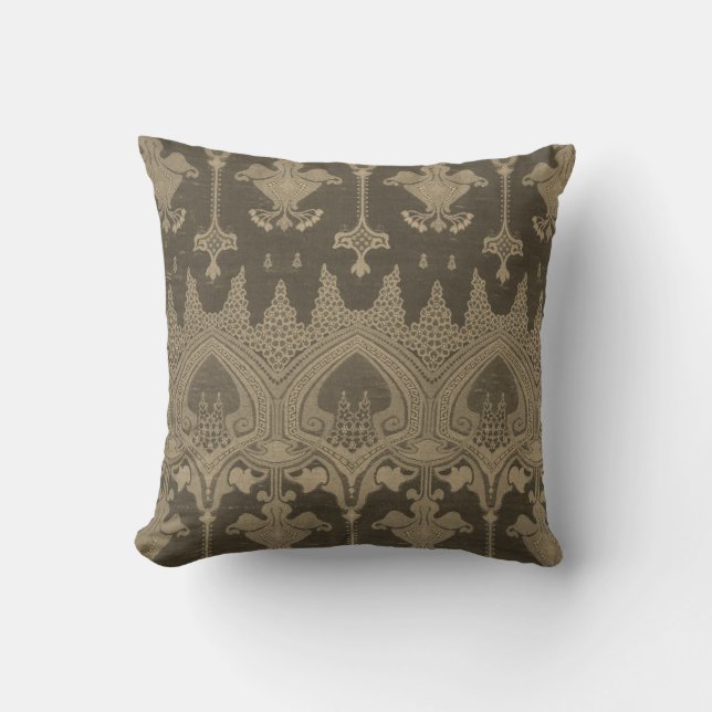 Grey Gold Damask Pattern Vintage Brocade Cushion (Front)