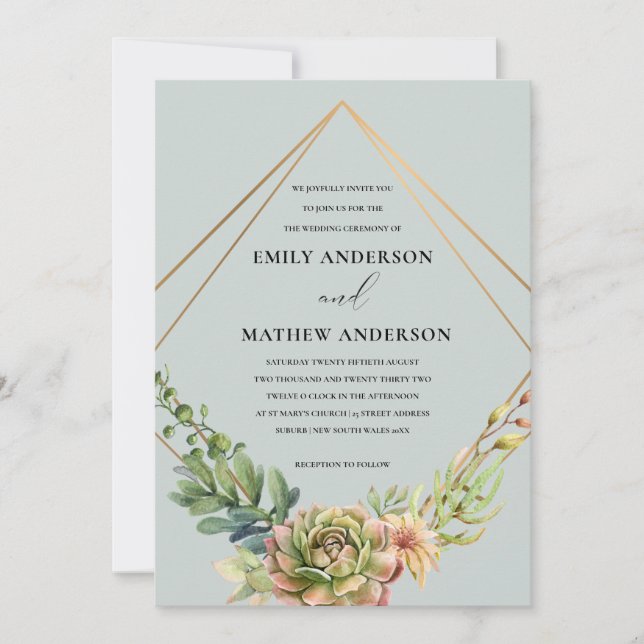 GREY GOLD DESERT SUCCULENT CACTI FOLIAGE WEDDING INVITATION (Front)