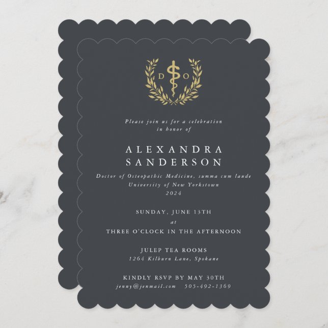 Grey/Gold Doctor of Osteopathic Medicine Grad Invitation (Front/Back)