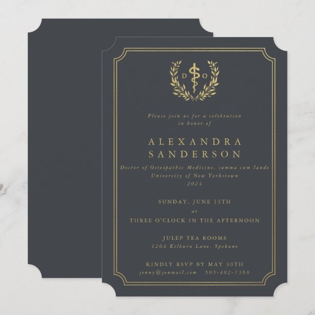 Grey/Gold Doctor of Osteopathic Medicine Grad Invitation (Front/Back)