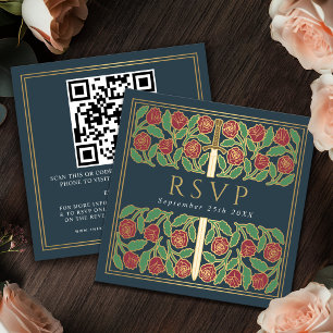 Grey Gold Floral Royal Wedding RSVP QR Code Enclosure Card