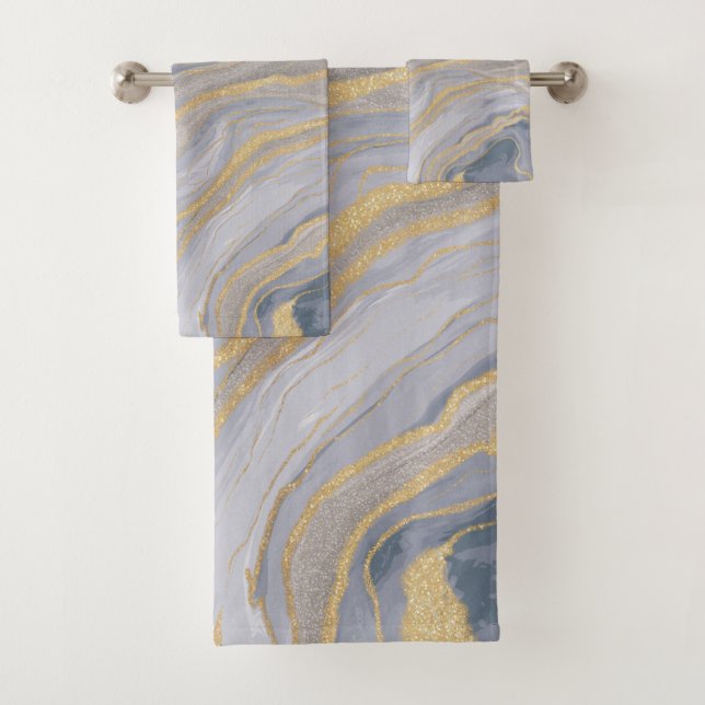 Grey Gold Fluid Liquid Painting Bath Towel Set (Insitu)
