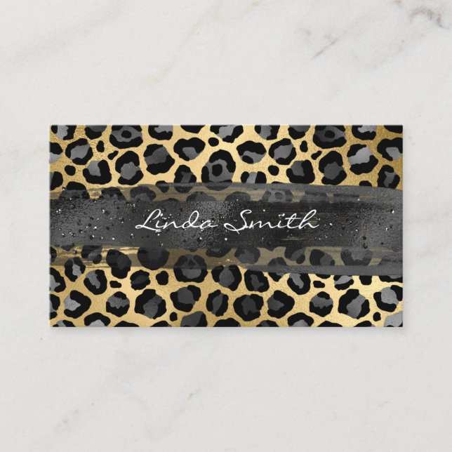 Grey Gold Foil Leopard Brush Stroke Business Card (Front)