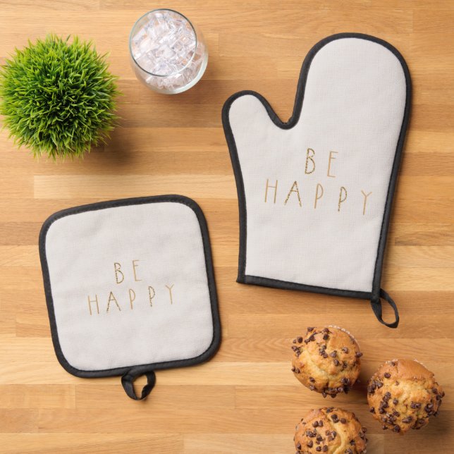 Grey Gold Glitter Be Happy    Oven Mitt & Pot Holder Set (Top Down)