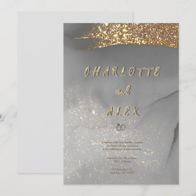Grey Gold Glitter Chic Ink Wedding Invitation (Front/Back)