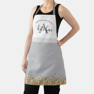 Grey gold glitter custom monogram name apron