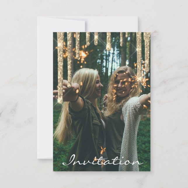 Grey Gold Glitter Drips Birthday Graduation Party Invitation (Back)