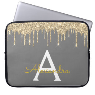 Grey Gold Glitter Sparkle Monogram Laptop Sleeve