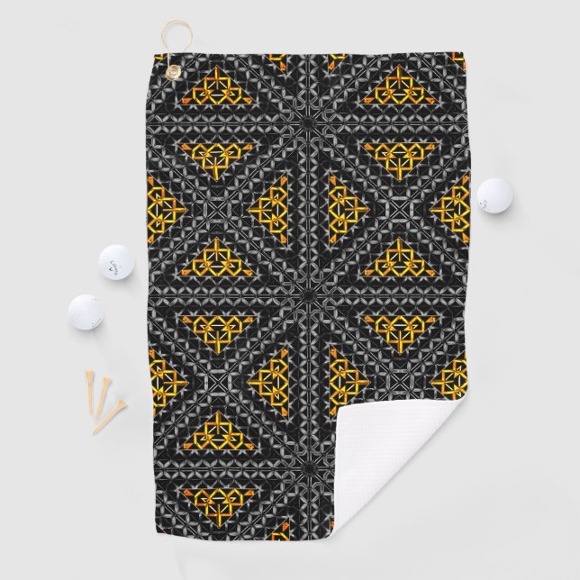 Grey gold gradient relief in kaleidoscope triangle golf towel (InSitu)