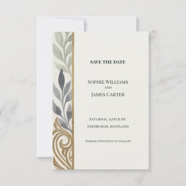 Grey Gold Leaf Scroll Save The Date Card (Front)
