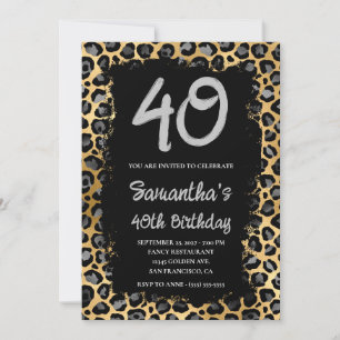 Grey Gold Leopard Painted Black 40th Birthday Invitation