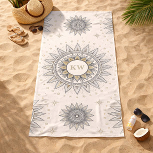 Grey Gold Mandala Pattern Beach Towel