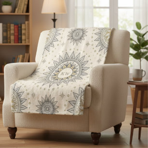 Grey Gold Mandala Pattern Monogram Sherpa Blanket