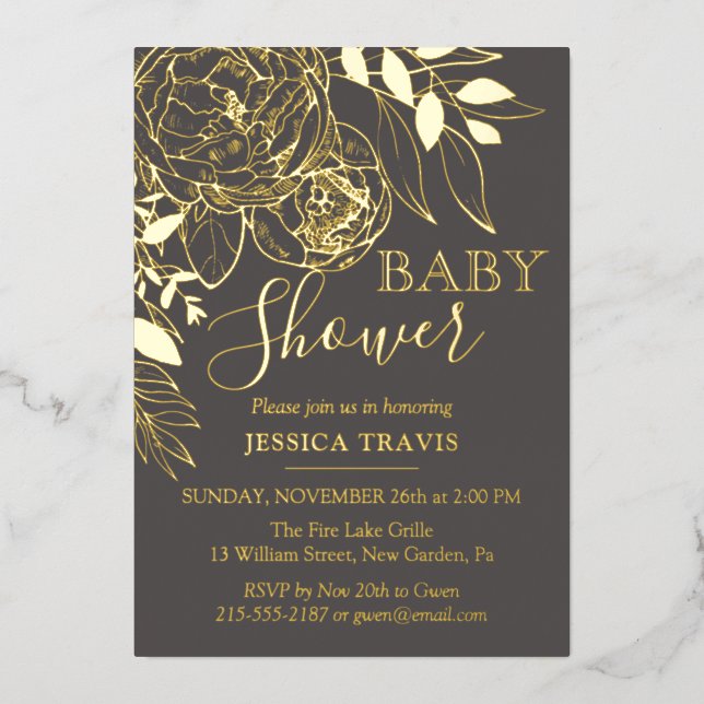 Grey & Gold Modern Floral Baby Shower (Front)