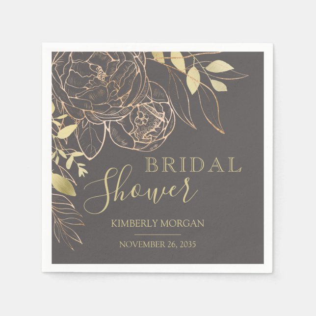 Grey & Gold Modern Floral Bridal Shower Napkins (Front)