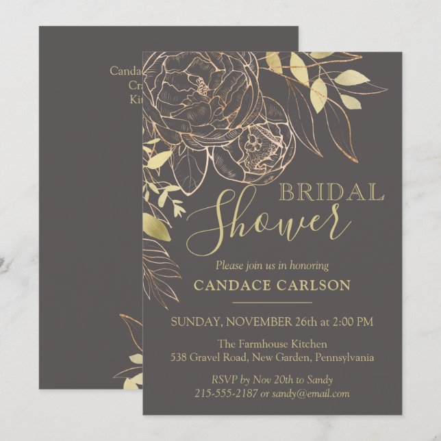 Grey & Gold Peony Modern Floral Bridal Shower Invitation (Front/Back)