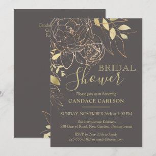 Grey & Gold Peony Modern Floral Bridal Shower Invitation
