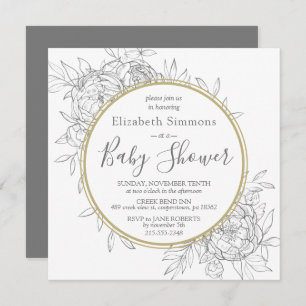 Grey & Gold Peony Modern Floral Toile Baby Shower Invitation