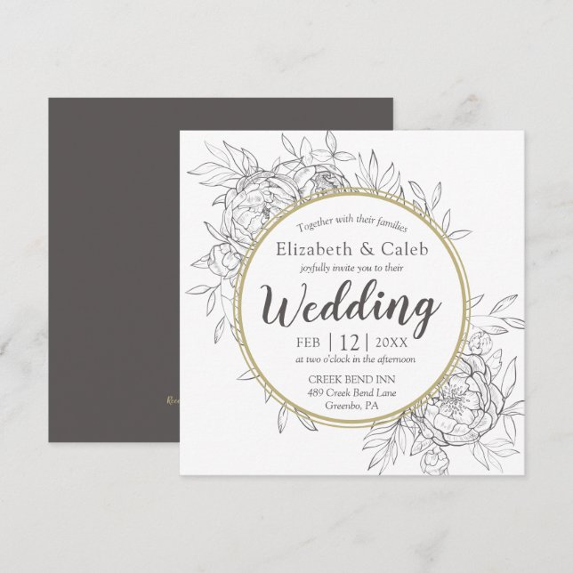 Grey & Gold Peony Modern Floral Toile Wedding Invitation (Front/Back)