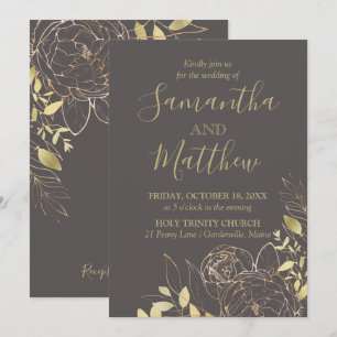 Grey & Gold Peony Modern Floral Wedding Invitation