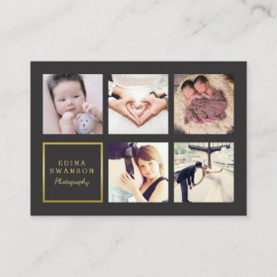 Grey Gold Photo Collage Photographer Business Card