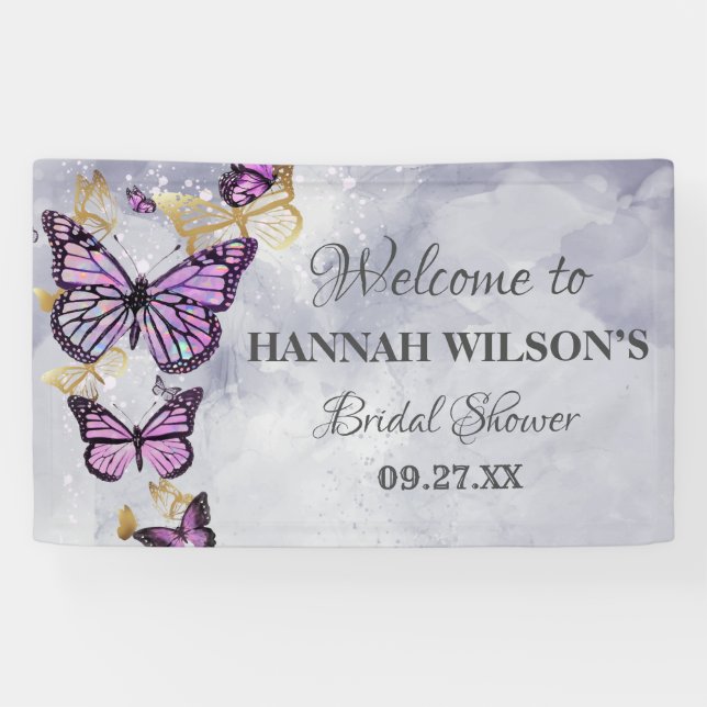 Grey Gold Purple Butterfly  Elegant Bridal Shower  Banner (Horizontal)