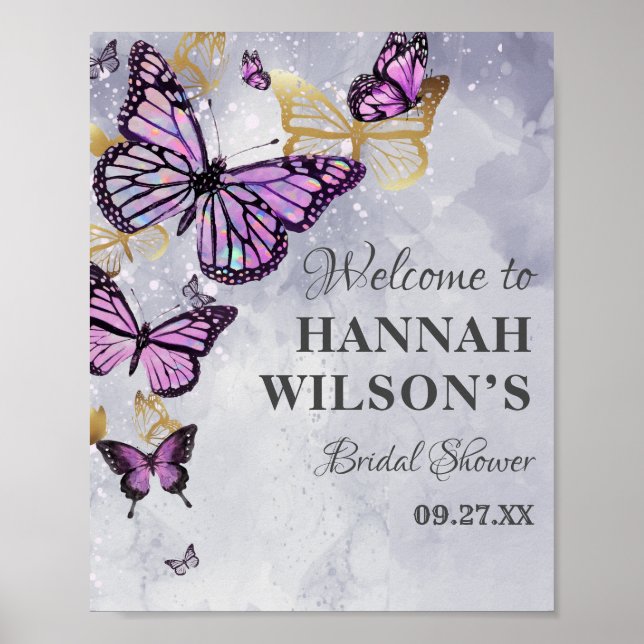 Grey Gold Purple Butterfly  Elegant Bridal Shower Poster (Front)