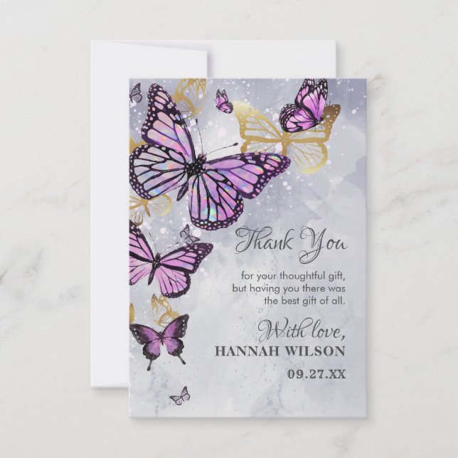 Grey Gold Purple Butterfly  Elegant Bridal Shower Thank You Card (Front)
