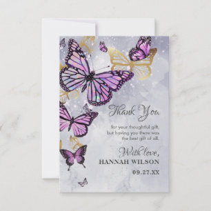 Grey Gold Purple Butterfly  Elegant Bridal Shower Thank You Card